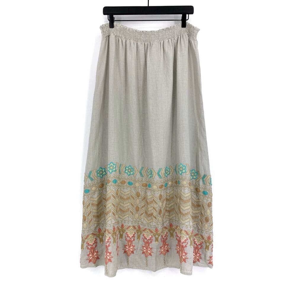 NWT JOHNNY WAS Embroidered Linen Midi Skirt Beige XL